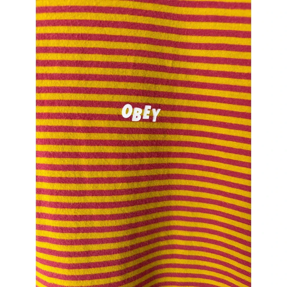 Obey Mens Striped Short Sleeve Logo T-Shirt Large Burgundy Skater Street Indie
